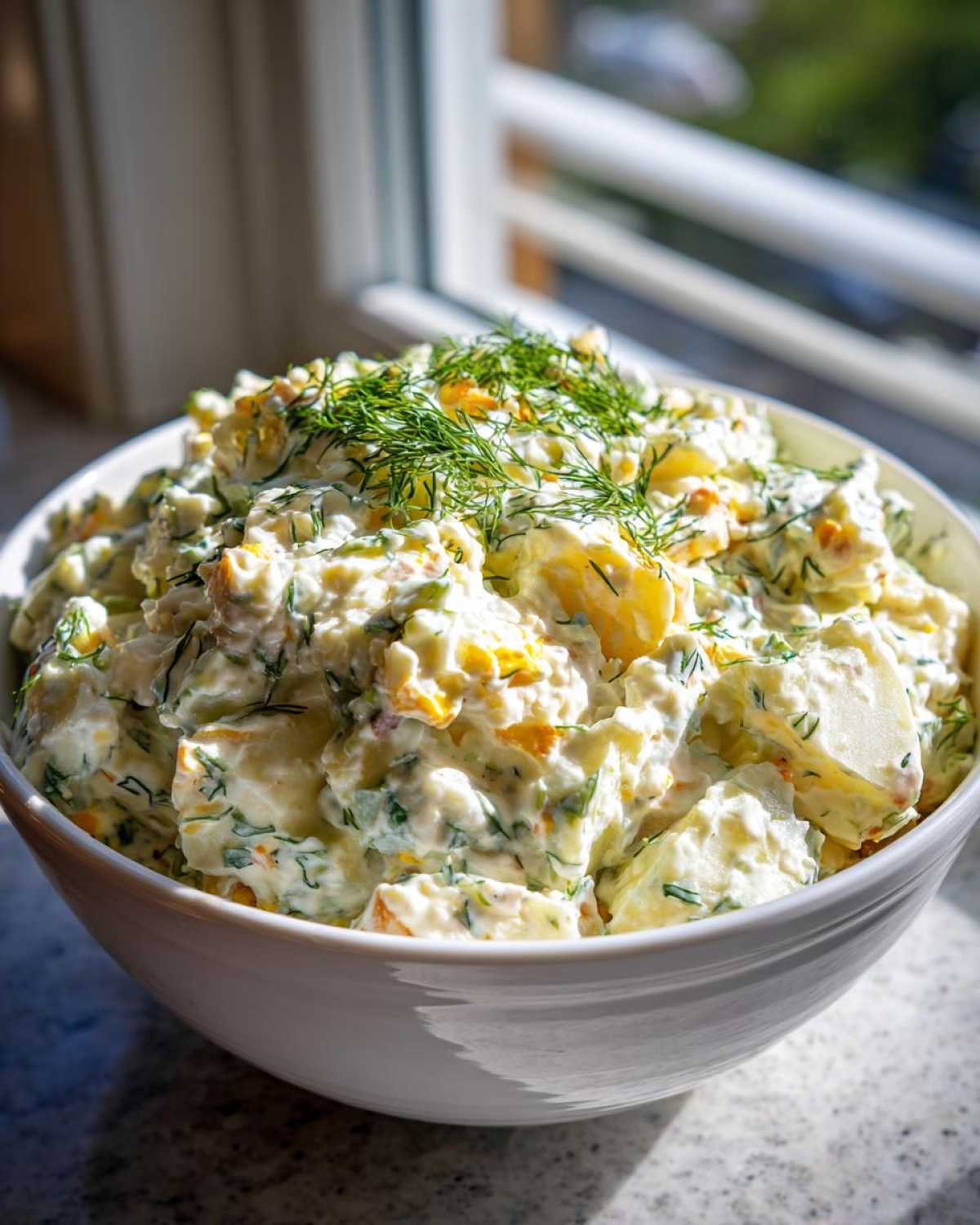 A large white bowl filled with chunky Creamy Dill Potato Salad, topped with fresh dill sprigs.
