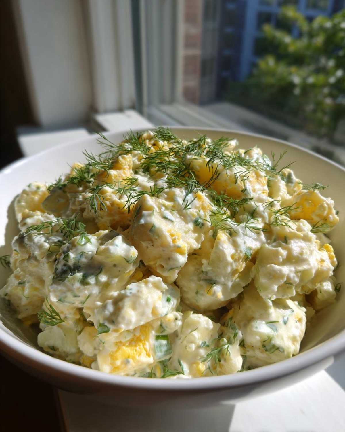 Close-up of a white bowl filled with Creamy Dill Potato Salad, topped generously with fresh dill.