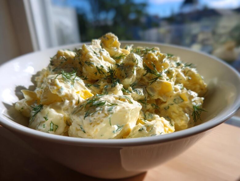 A close-up of a white bowl filled with Creamy Dill Potato Salad, generously topped with fresh dill fronds.