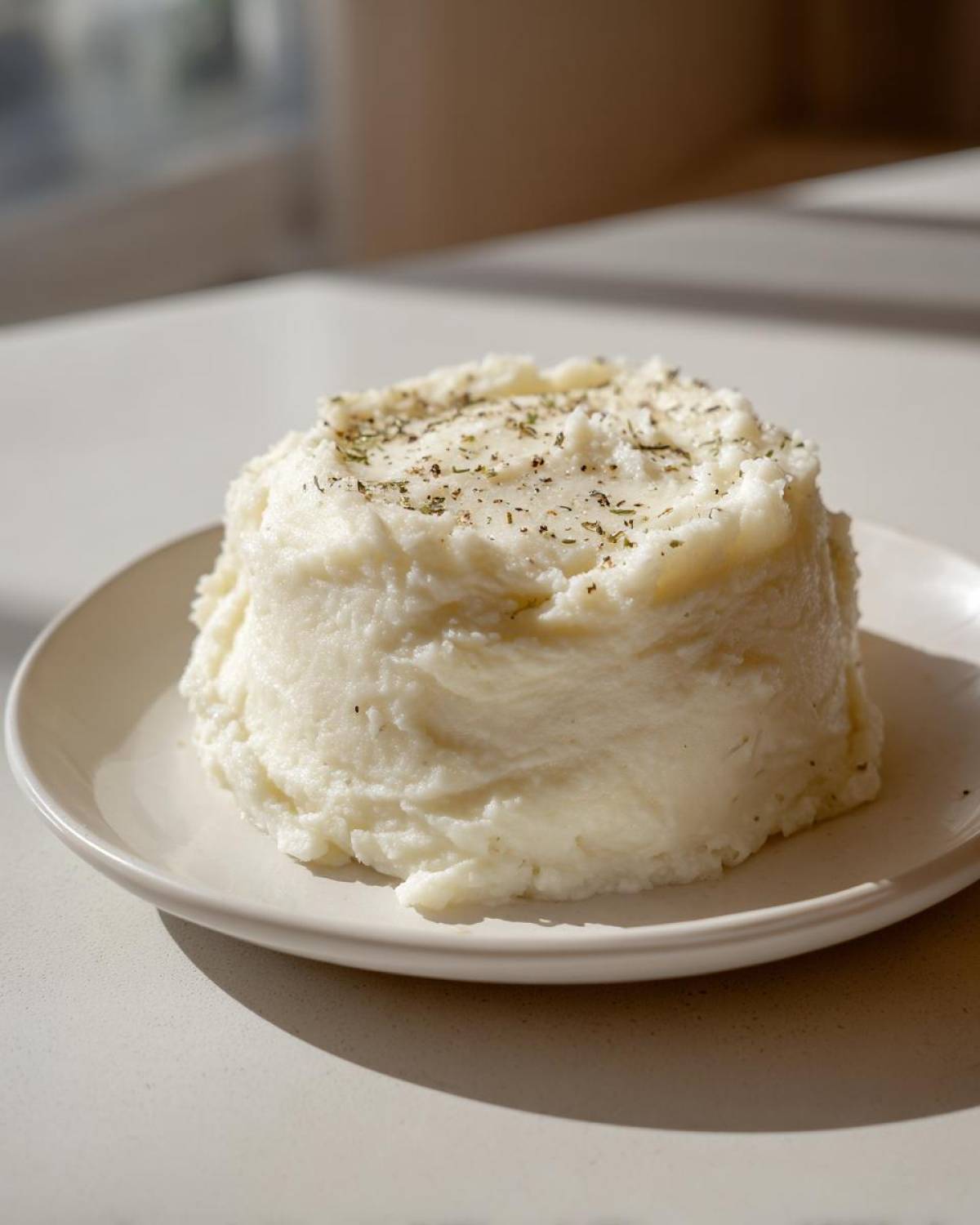 A perfectly molded serving of Creamy Garlic Mashed Cauliflower topped with herbs on a small white plate.