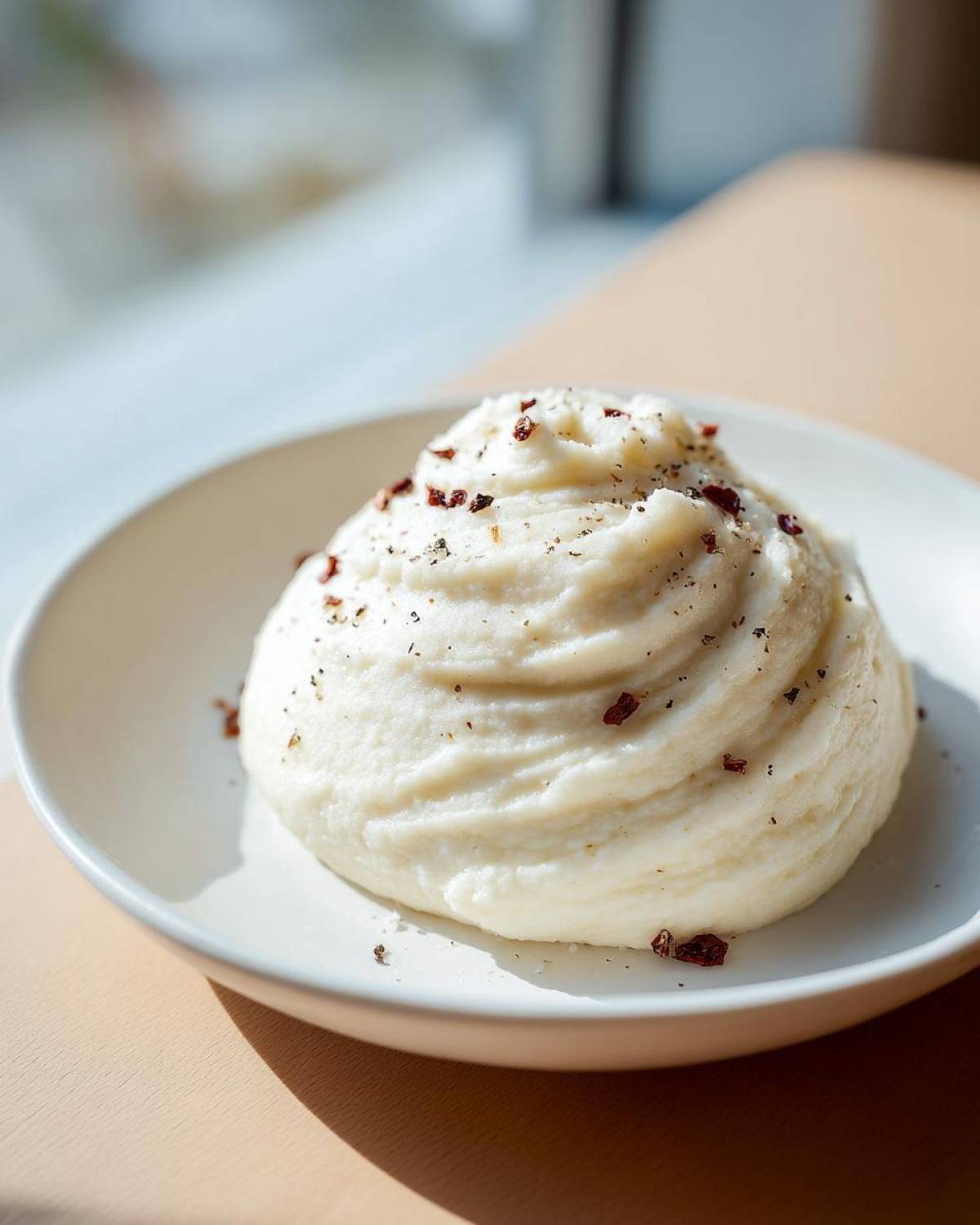 A beautiful swirl of Creamy Garlic Mashed Cauliflower topped with pepper and red flakes.