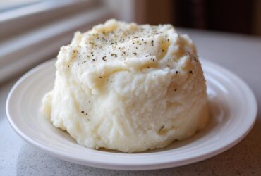 A mound of fluffy Creamy Garlic Mashed Cauliflower seasoned with pepper on a white plate.