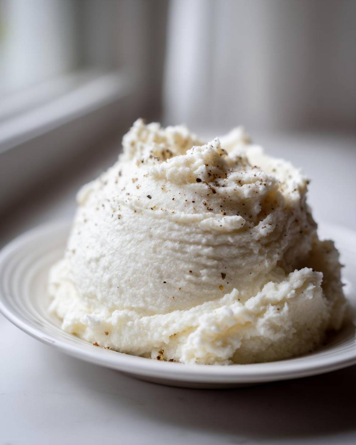 A mound of fluffy Creamy Garlic Mashed Cauliflower topped with freshly ground black pepper, served on a white plate.