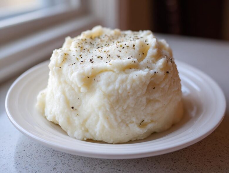 A mound of fluffy Creamy Garlic Mashed Cauliflower seasoned with pepper on a white plate.