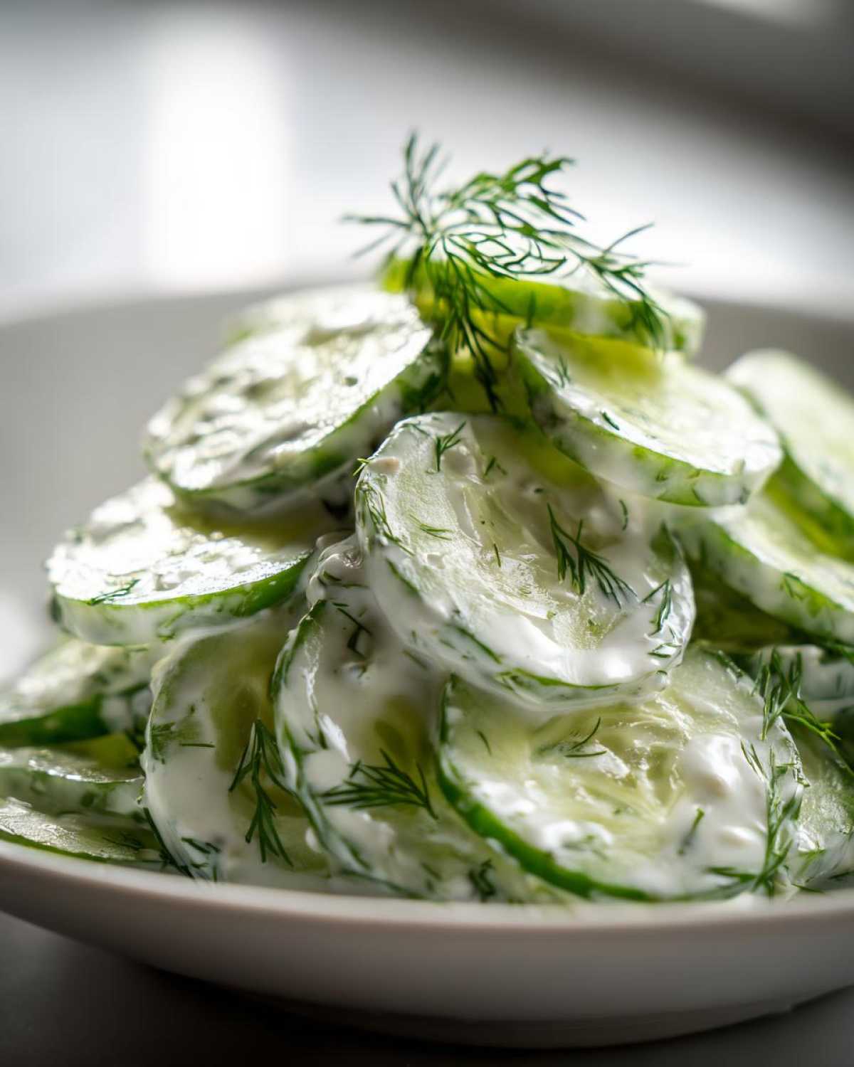 A close-up of thinly sliced cucumbers coated in a white, creamy dressing and garnished with fresh dill, showcasing the Creamy German Cucumber Salad.