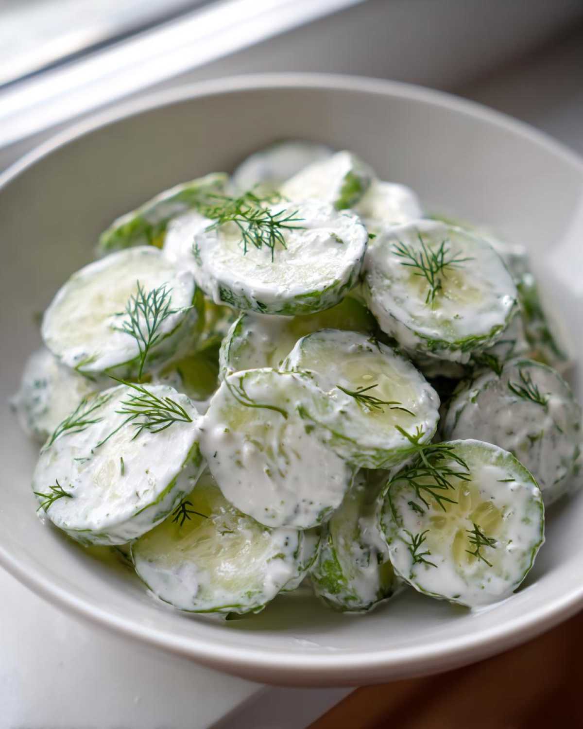 Close-up of sliced cucumbers coated in a creamy dressing and garnished with fresh dill in a white bowl, featuring Creamy German Cucumber Salad.