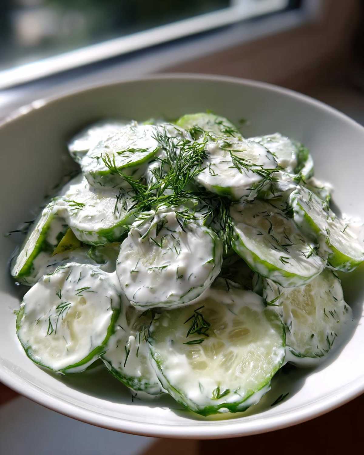 Close-up of sliced cucumbers coated in a white, creamy dressing and topped with fresh dill, representing Creamy German Cucumber Salad.