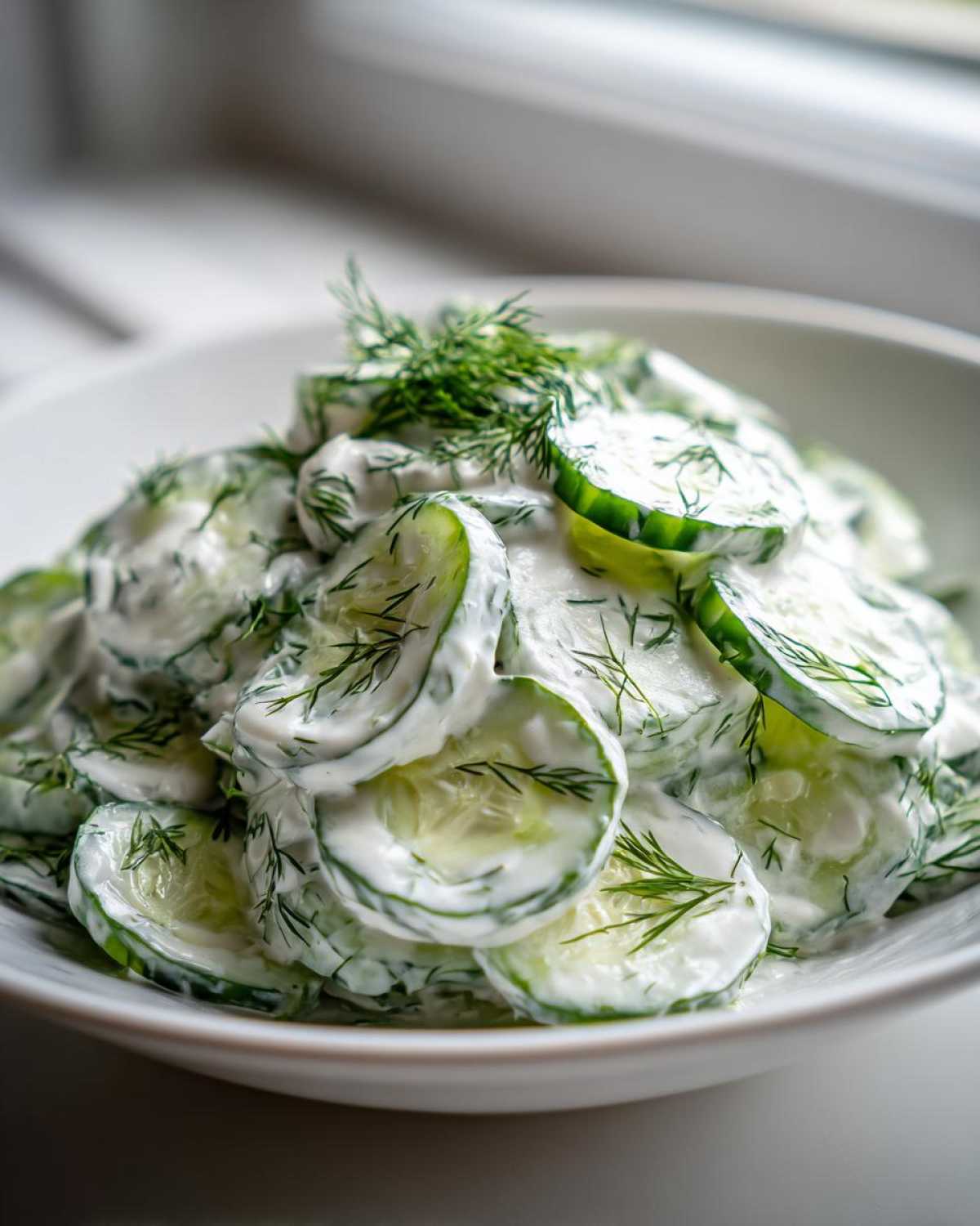 A bowl filled with slices of Creamy German Cucumber Salad coated in a white dressing and topped with fresh dill.