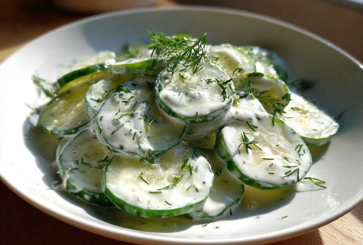 Close-up of sliced cucumbers coated in a white, creamy dressing and topped with fresh dill, showcasing Creamy German Cucumber Salad.
