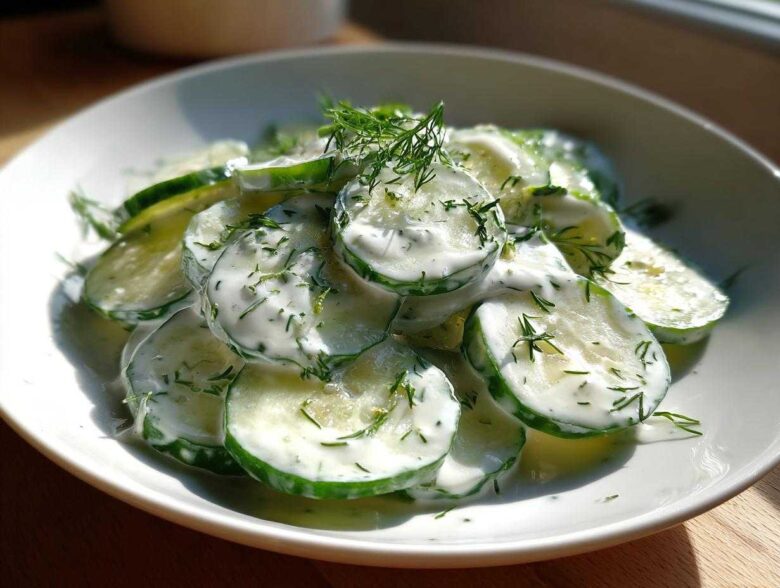 Close-up of sliced cucumbers coated in a white, creamy dressing and topped with fresh dill, showcasing Creamy German Cucumber Salad.