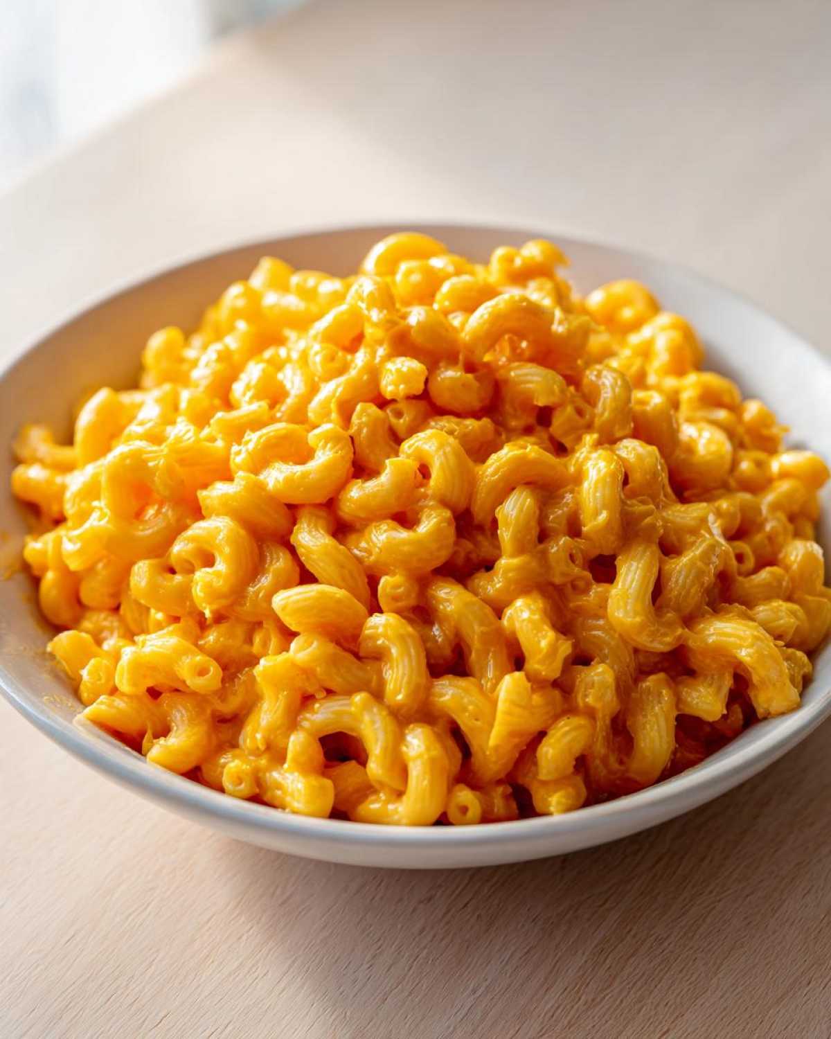 A close-up of a white bowl overflowing with creamy, bright orange Instant Pot Mac and Cheese.