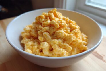 A close-up of creamy, cheesy Instant Pot Mac and Cheese piled high in a white serving bowl.