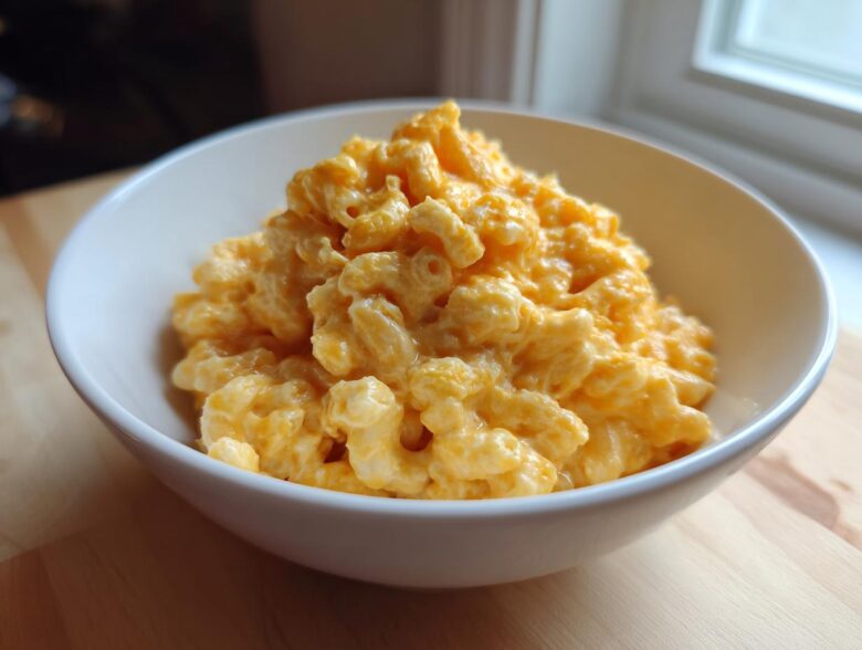 A close-up of creamy, cheesy Instant Pot Mac and Cheese piled high in a white serving bowl.