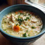 A close-up of a bowl of Creamy Lemon Chicken Orzo Soup, featuring shredded chicken, orzo pasta, carrots, and parsley garnish.