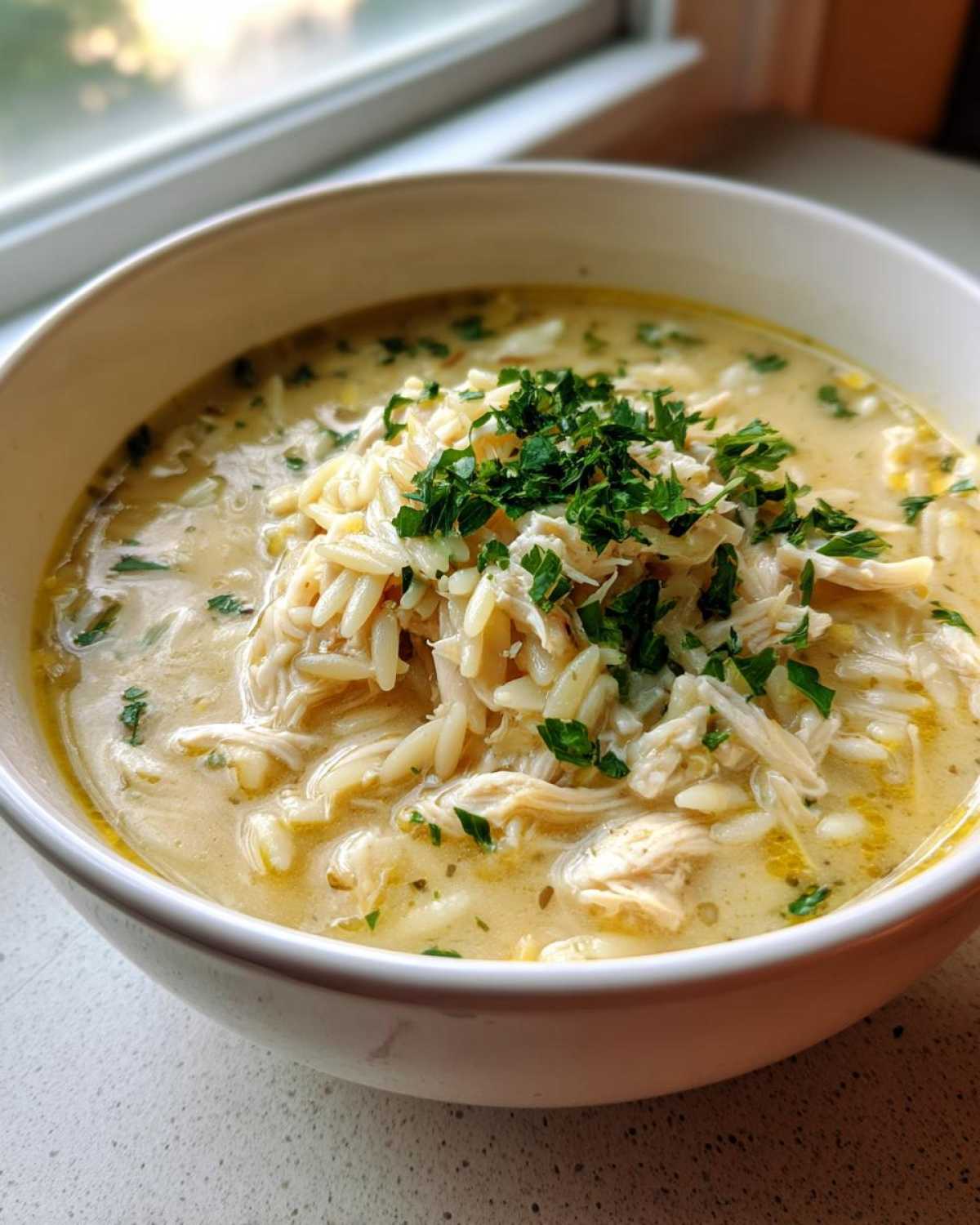 Close-up of a bowl of Creamy Lemon Chicken Orzo Soup, topped with shredded chicken, orzo pasta, and fresh parsley.