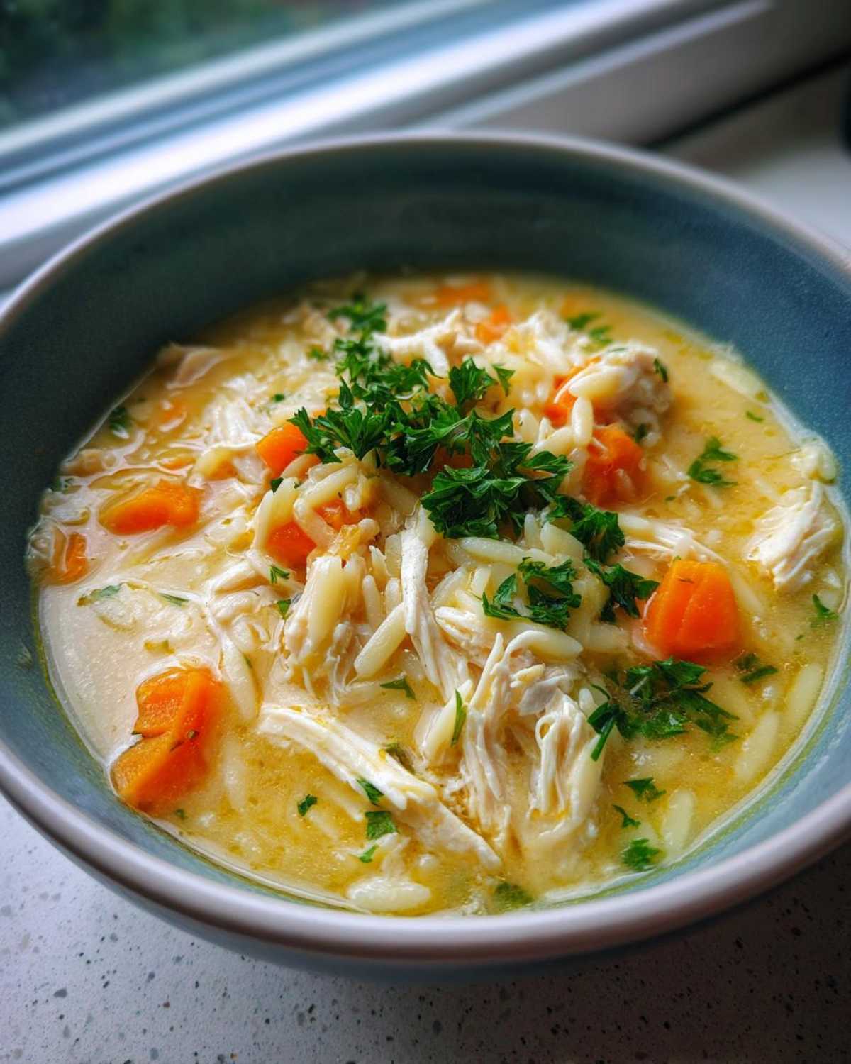 A close-up of a bowl of rich Creamy Lemon Chicken Orzo Soup, featuring shredded chicken, orzo pasta, carrots, and fresh parsley garnish.