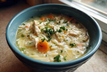 A close-up of a bowl of Creamy Lemon Chicken Orzo Soup, featuring shredded chicken, orzo pasta, carrots, and parsley garnish.
