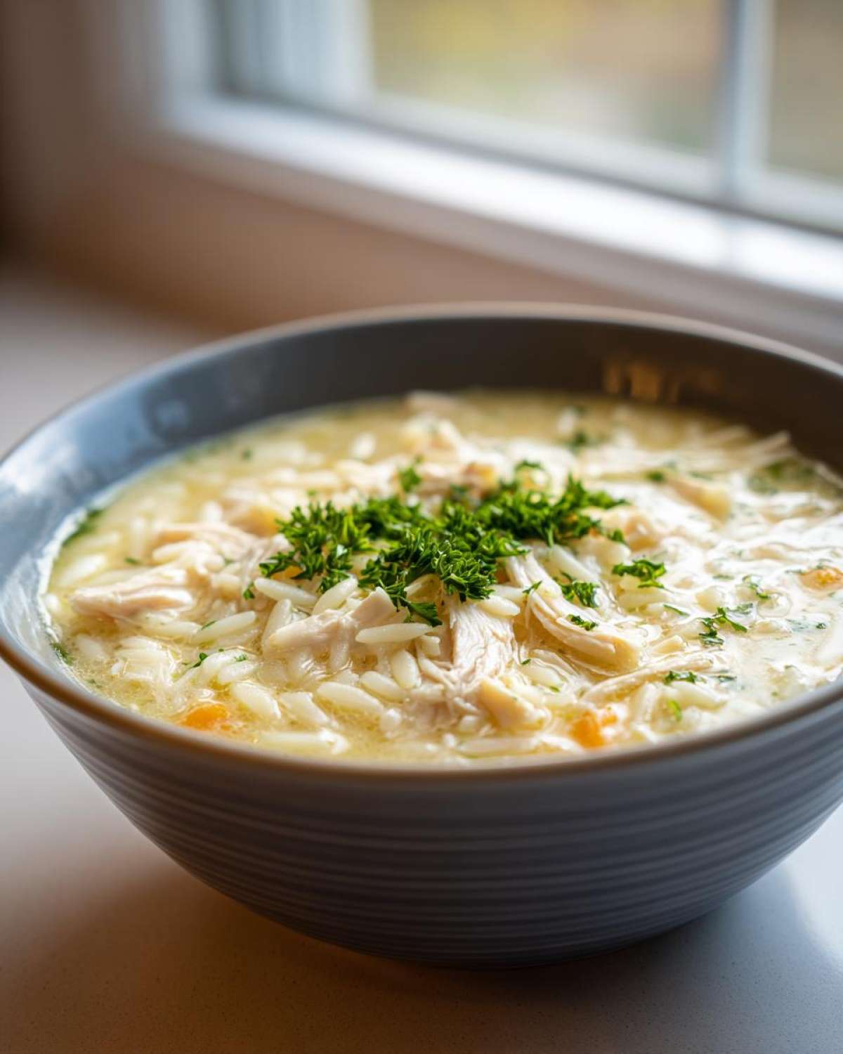 A close-up of a bowl of Creamy Lemon Chicken Orzo Soup, topped with fresh parsley.