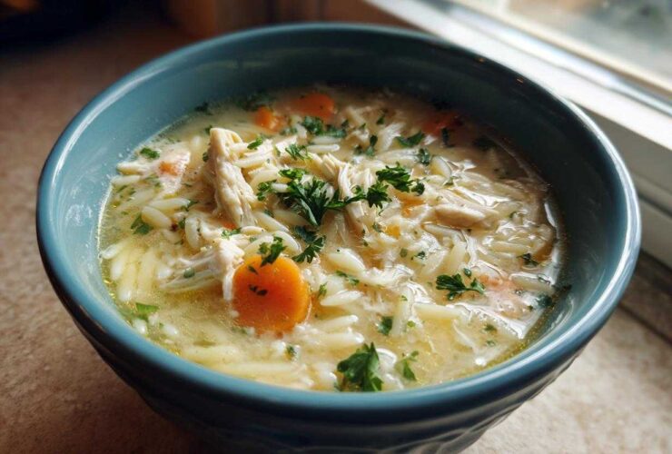 A close-up of a bowl of Creamy Lemon Chicken Orzo Soup, featuring shredded chicken, orzo pasta, carrots, and parsley garnish.