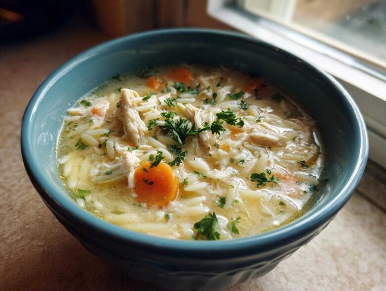 A close-up of a bowl of Creamy Lemon Chicken Orzo Soup, featuring shredded chicken, orzo pasta, carrots, and parsley garnish.