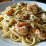 A close-up view of rich, creamy lemon garlic shrimp pasta topped with fresh green herbs.
