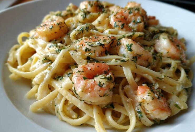 A close-up view of rich, creamy lemon garlic shrimp pasta topped with fresh green herbs.