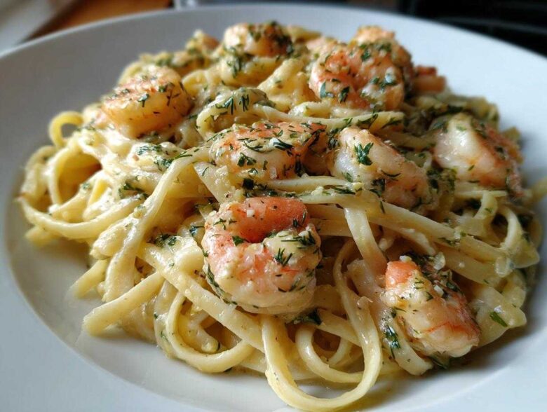 A close-up view of rich, creamy lemon garlic shrimp pasta topped with fresh green herbs.