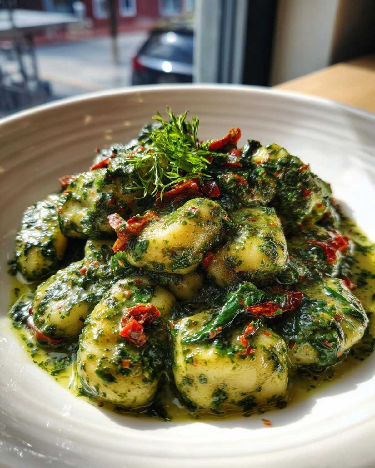 A close-up of tender gnocchi coated in vibrant green creamy pesto sauce, mixed with sun-dried tomatoes.