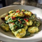 A close-up of a white bowl filled with Creamy Pesto Gnocchi mixed with wilted spinach and sun-dried tomatoes.