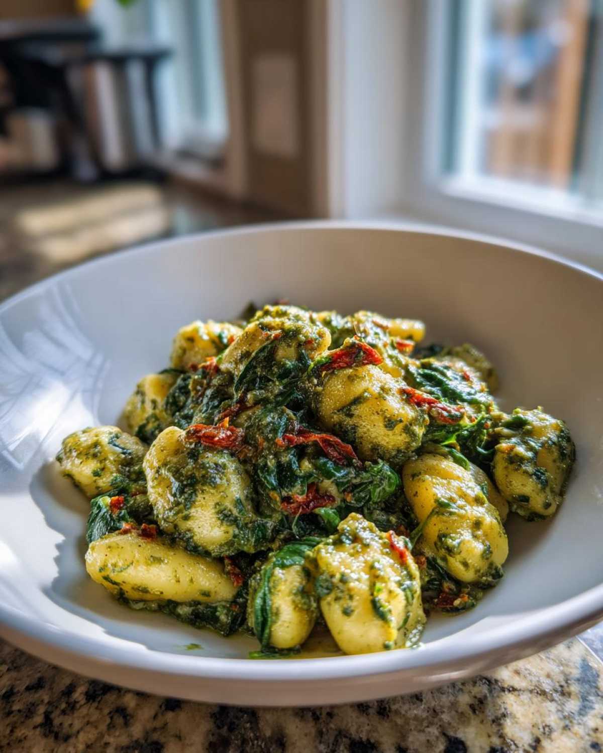 A white bowl filled with tender gnocchi coated in a vibrant green sauce, mixed with spinach and sun-dried tomatoes, representing Creamy Pesto Gnocchi.