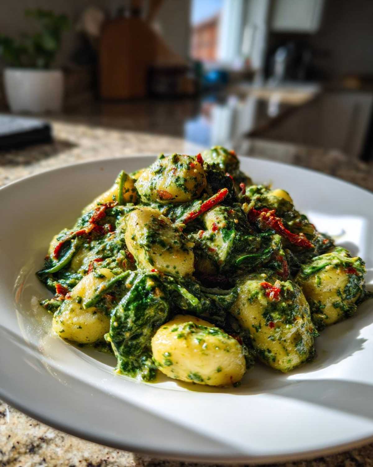 Close-up of a white bowl filled with Creamy Pesto Gnocchi mixed with spinach and sun-dried tomatoes.