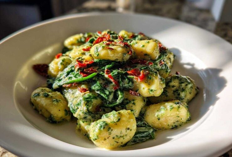 A close-up of a white bowl filled with Creamy Pesto Gnocchi mixed with wilted spinach and sun-dried tomatoes.