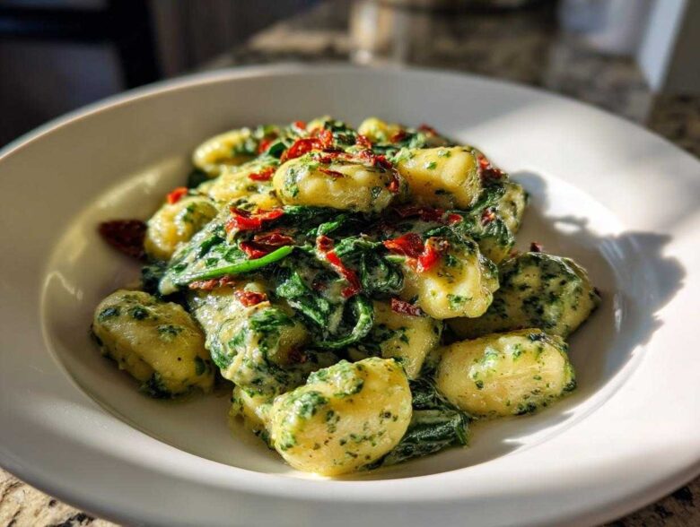 A close-up of a white bowl filled with Creamy Pesto Gnocchi mixed with wilted spinach and sun-dried tomatoes.