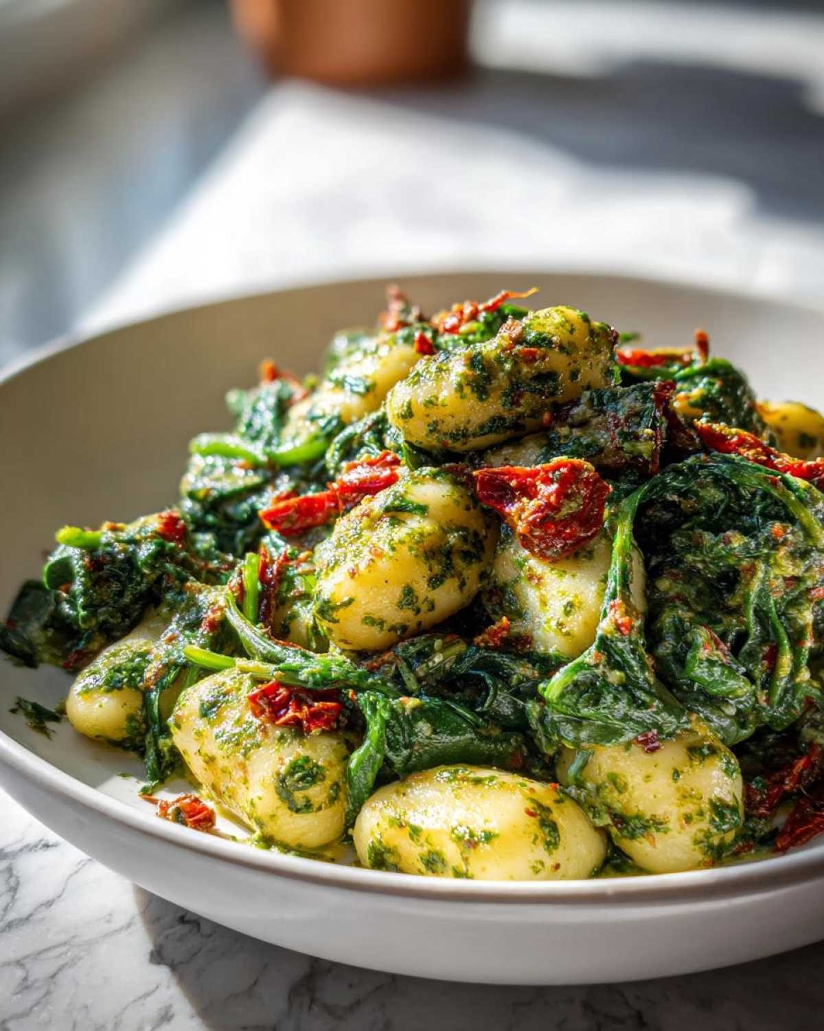 A close-up shot of plump gnocchi tossed in green pesto sauce with wilted spinach and sun-dried tomatoes, showcasing the Creamy Pesto Gnocchi.