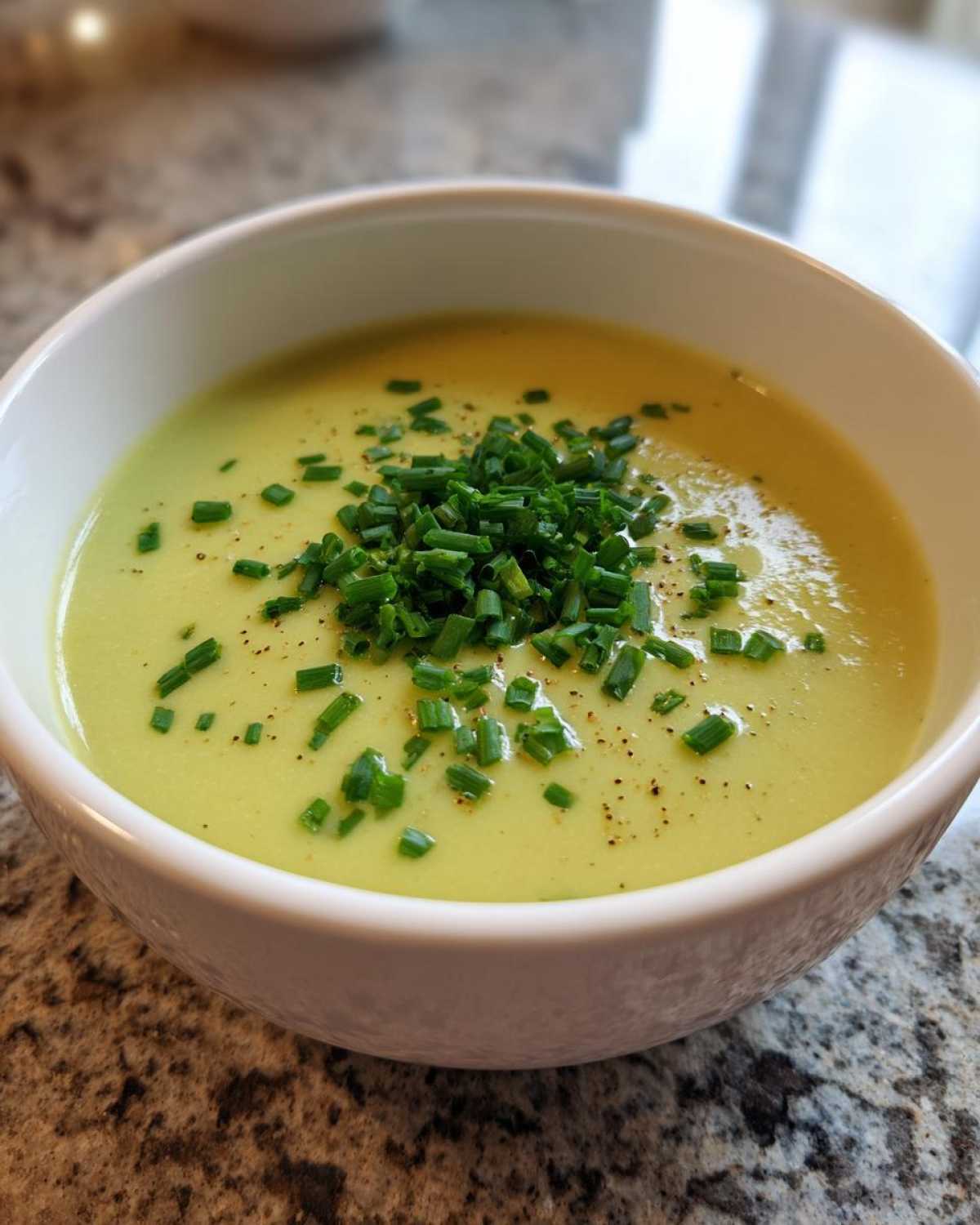 Close-up of a bowl of velvety Creamy Potato Leek Soup topped generously with fresh chopped chives and black pepper.