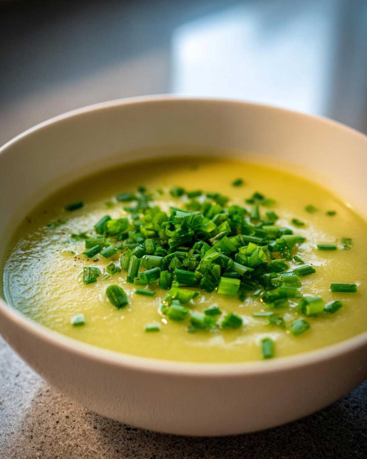 Close-up of rich, yellow Creamy Potato Leek Soup topped generously with fresh, bright green chopped chives.