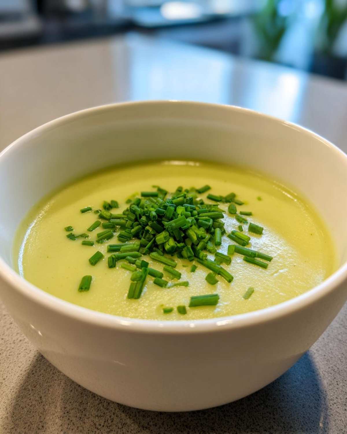 A close-up of a white bowl filled with smooth, light green Creamy Potato Leek Soup, topped generously with fresh chopped chives.