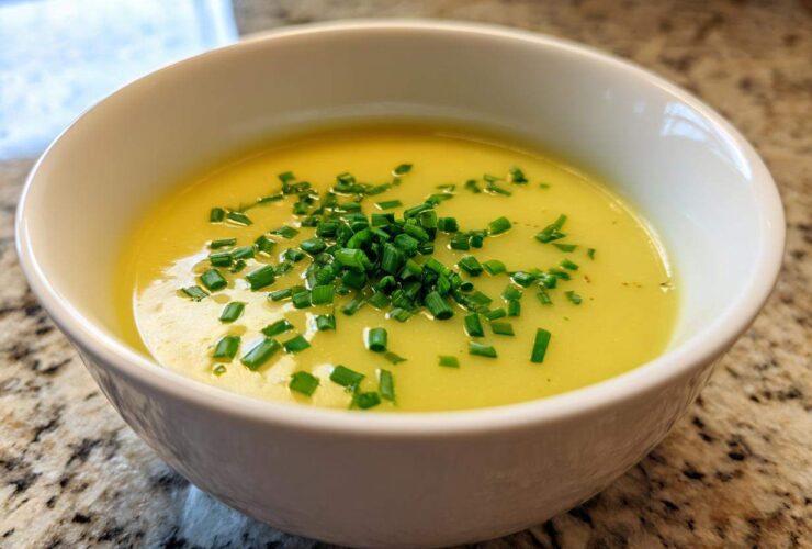 A close-up of a white bowl filled with bright yellow Creamy Potato Leek Soup, topped generously with fresh chopped chives.