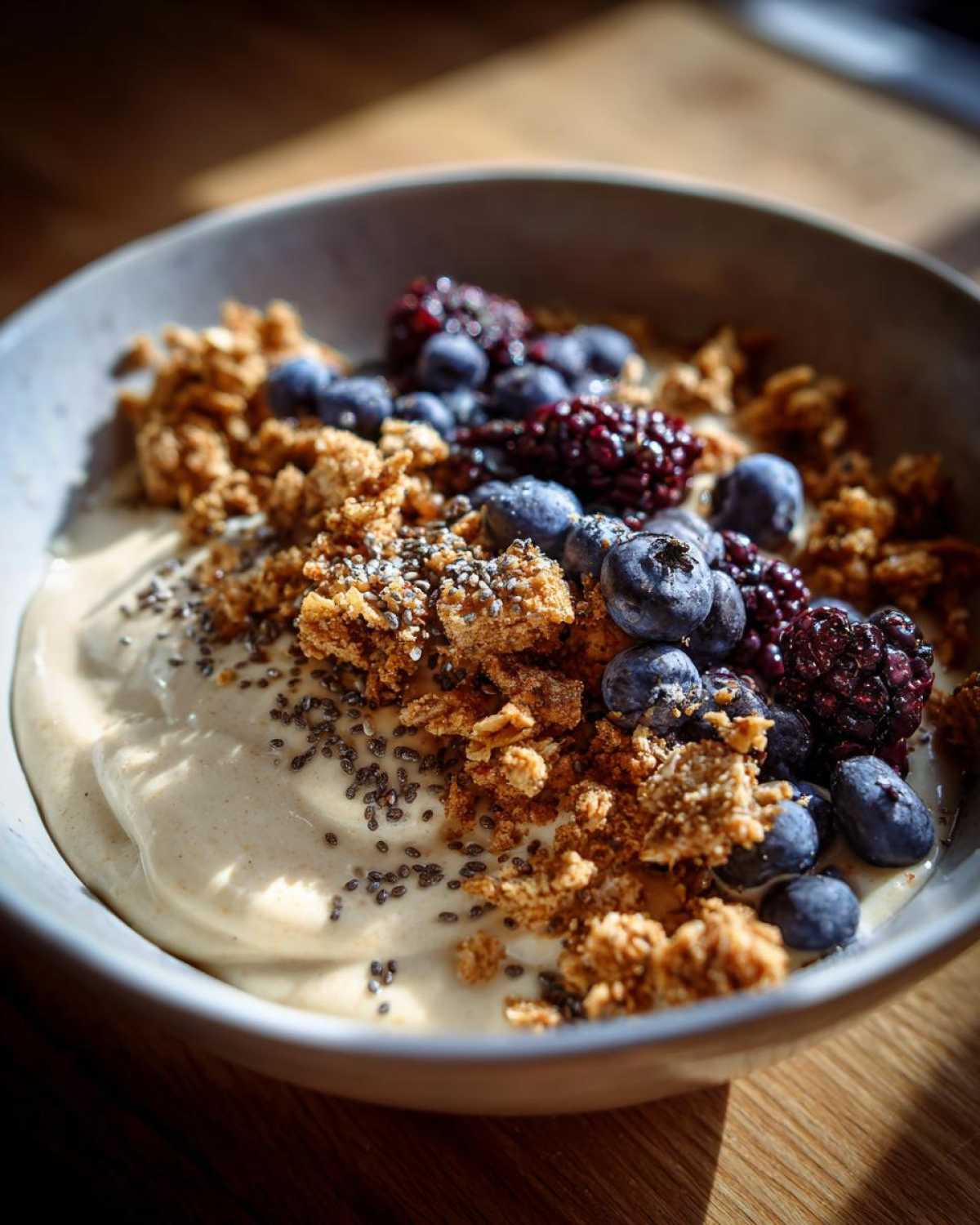 Close-up of a Creamy Vanilla Protein Smoothie Bowl topped with granola, blueberries, blackberries, and chia seeds.