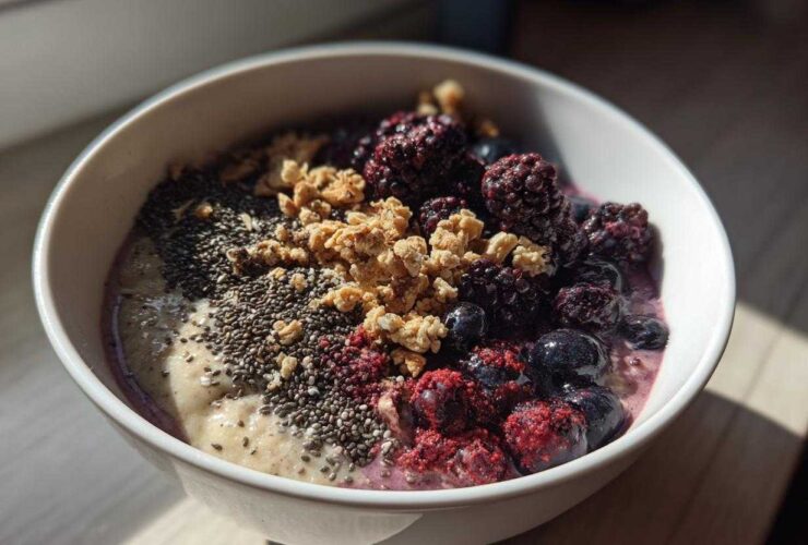 Close-up of a Creamy Vanilla Protein Smoothie Bowl topped with blackberries, blueberries, chia seeds, and granola.