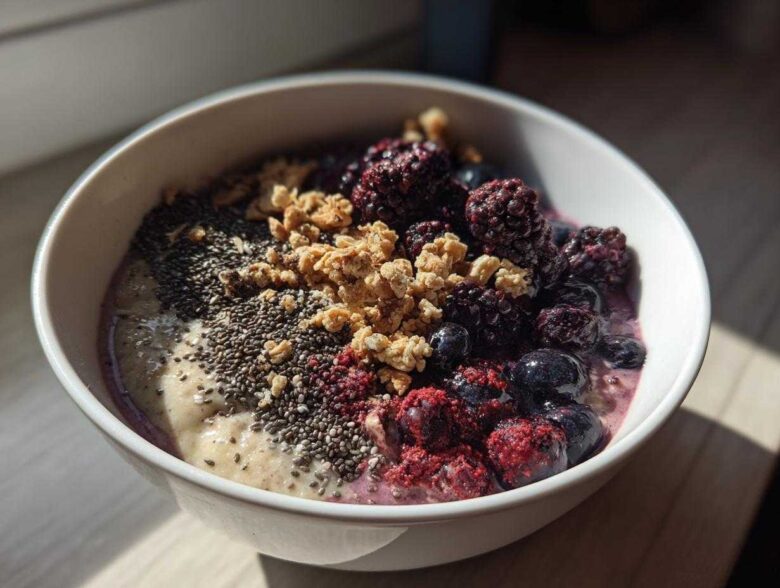 Close-up of a Creamy Vanilla Protein Smoothie Bowl topped with blackberries, blueberries, chia seeds, and granola.