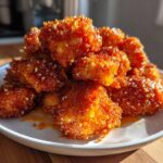 A plate piled high with golden brown, crispy air fryer cauliflower wings coated in a sticky, sweet glaze and sesame seeds.