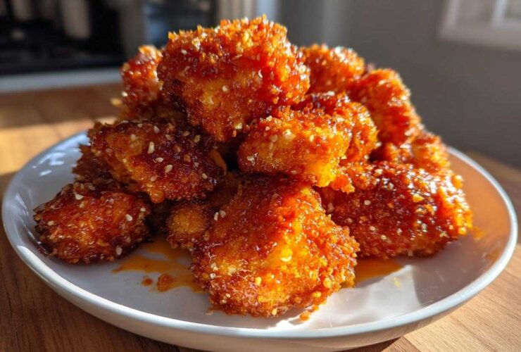 A plate piled high with golden brown, crispy air fryer cauliflower wings coated in a sticky, sweet glaze and sesame seeds.