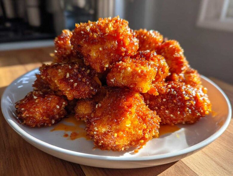 A plate piled high with golden brown, crispy air fryer cauliflower wings coated in a sticky, sweet glaze and sesame seeds.