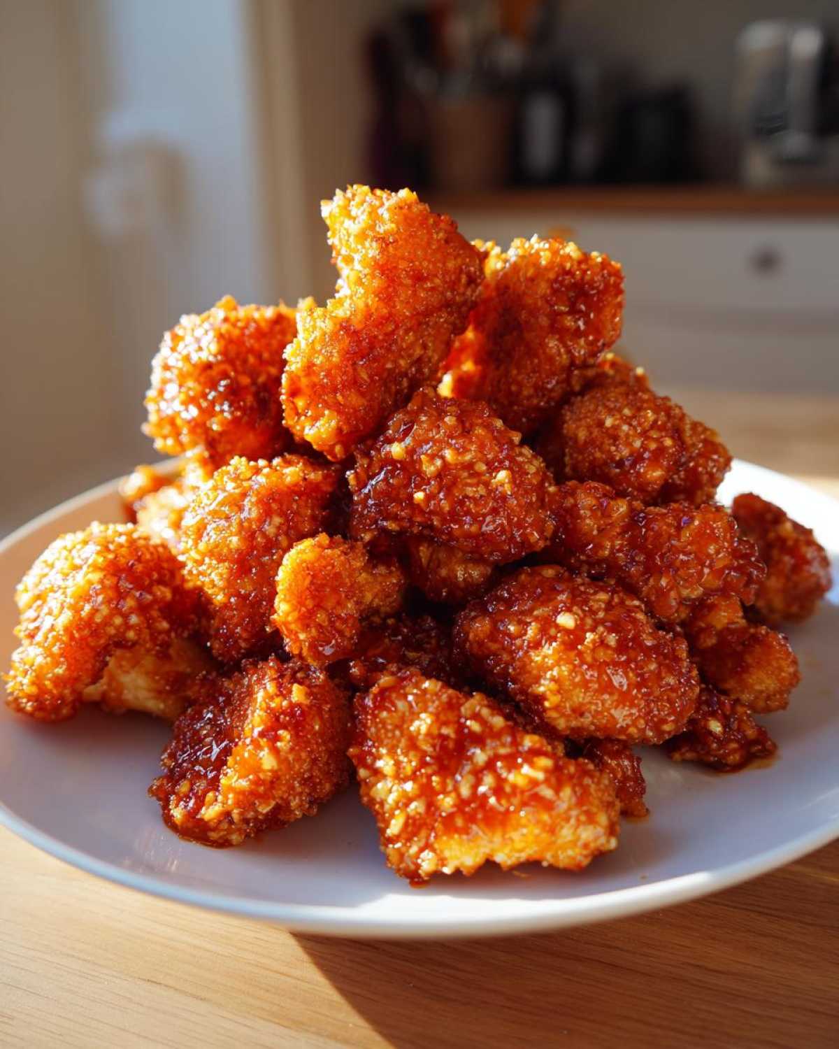A mound of golden, crispy air fryer cauliflower wings coated in a sticky, sweet glaze, piled high on a white plate.