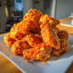 A close-up of a pile of Crispy Air Fryer Cauliflower Wings coated in a shiny, orange glaze, served on a white plate.