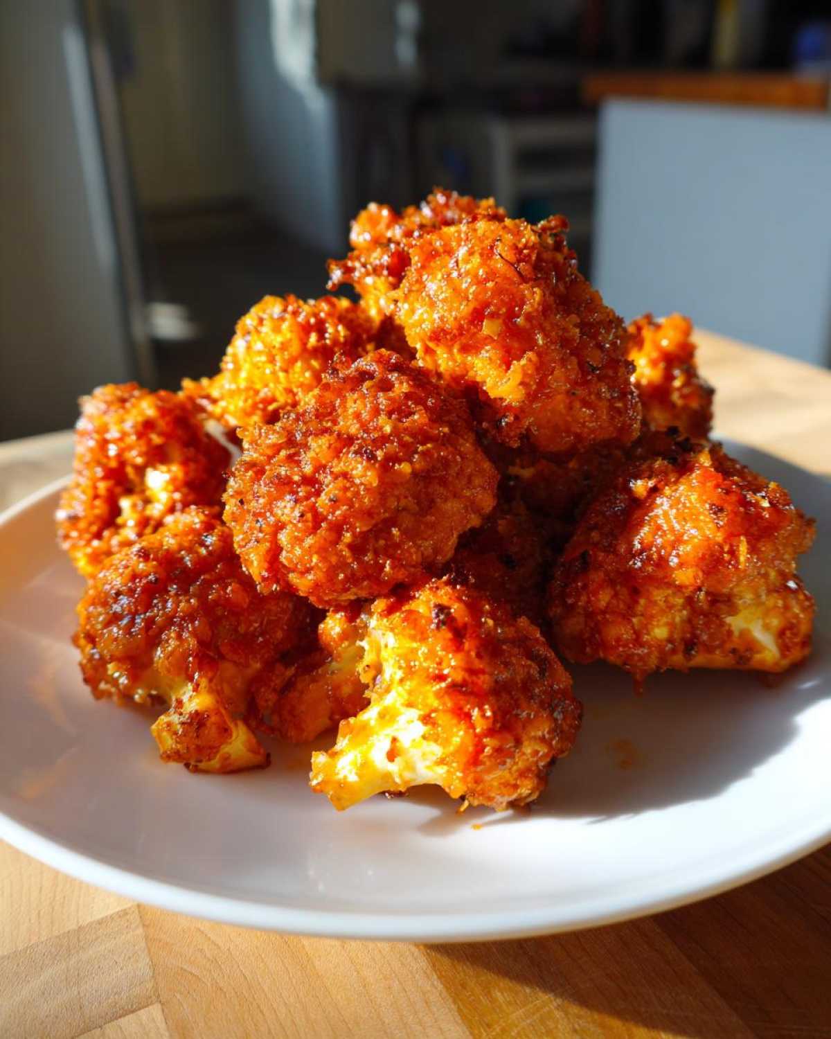 A close-up of a pile of bright orange, crispy air fryer cauliflower wings served on a white plate.