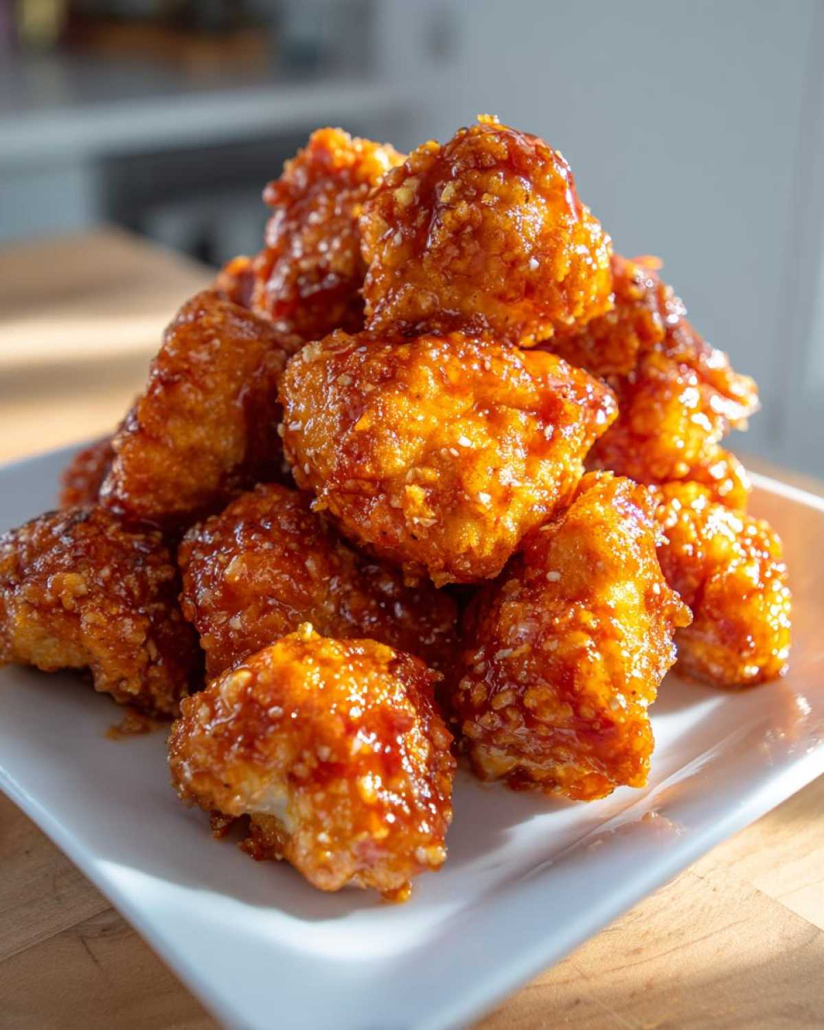 A close-up stack of glossy, saucy Crispy Air Fryer Cauliflower Wings piled high on a white plate.