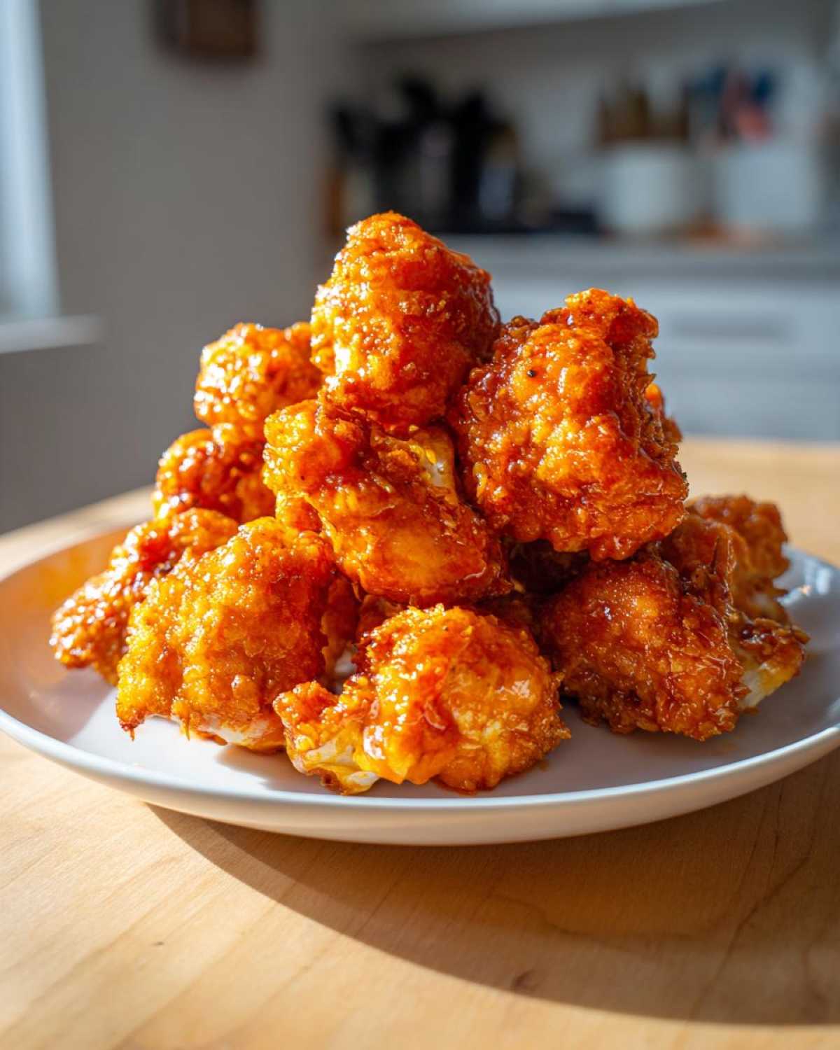 A tall stack of glossy, orange-glazed Crispy Air Fryer Cauliflower Wings piled high on a white plate.