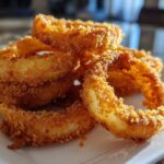 A close-up shot of a pile of golden brown, crispy Air Fryer Onion Rings served on a white rectangular plate.